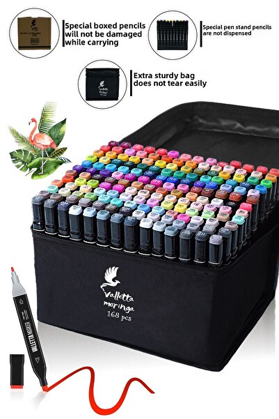 valletta مجموعة أقلام ماركر فنية مزدوجة الجوانب مكونة من 168 قطعة من Moringa مع حقيبة