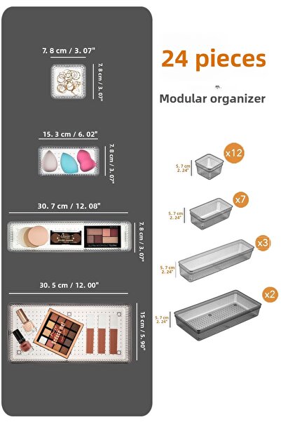 Meleni Home منظم أدراج للمكياج والمجوهرات والحمام حزمة متنوعة من 24 قطعة باللون الأسود