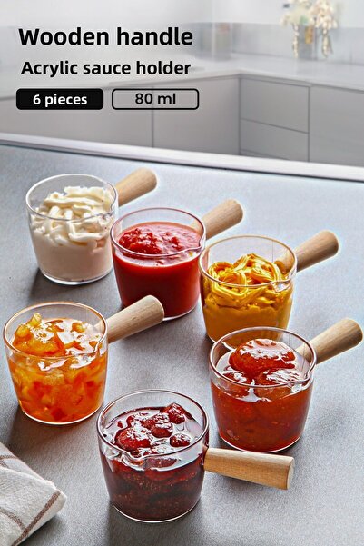 Kitchen Life Set de 6 bucăți cu mâner din lemn Mıka și bol pentru sos pentru gem, set de prezentare pentru mic dejun - 80 ml
