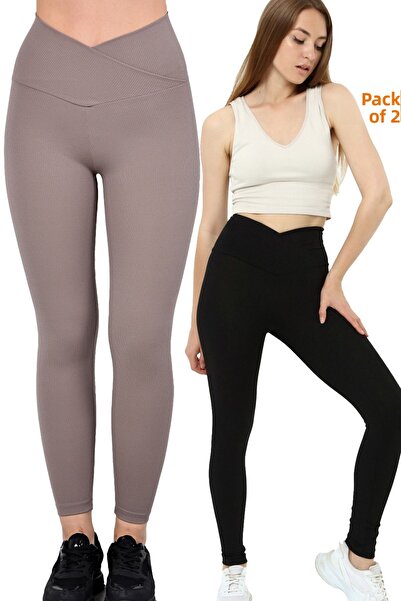 VOSSAX 2-Piece Leggings Ribbed High Waist Recovery Sports Leggings Cross Waist Detailed Mink + Black