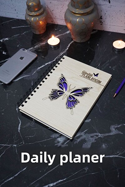 markcat دفتر الخطة الخشبي بتصميم الفراشة - جدول زمني غير مؤقت - مخطط يومي - د...