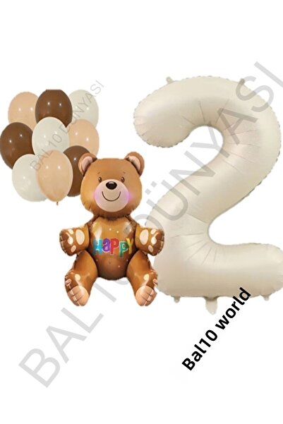 BAL10 DÜNYASI Beige Number Bear Foil and Latex Balloon Set Age 2