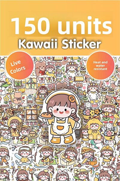 Piksel Grafik مجموعة ملصقات أنيمي صفراء مكونة من 150 قطعة - ملصق قلم ودفتر كمبيوتر محمول وزجاجة مياه