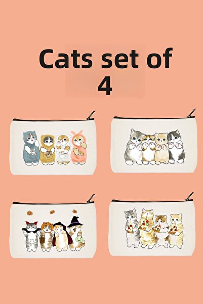 designedfy طقم مكياج مطبوع عليه قطط مكون من 4 قطع - عرض ترويجي وحامل قلم ومحفظة