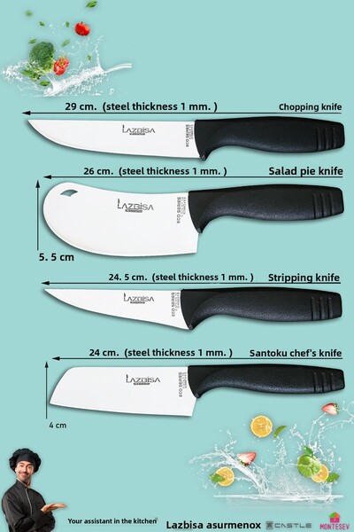 LAZBİSA Eco Series Kitchen Knife Set Meat Bread Vegetable Salad Pizza Dumpling Chef Knife Set of 4