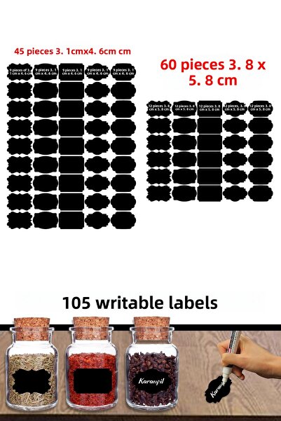 Nurline 105 bucăți de etichete negre inscriptibile, autocolante pentru borcane, forme diferite și dimensiuni diferite