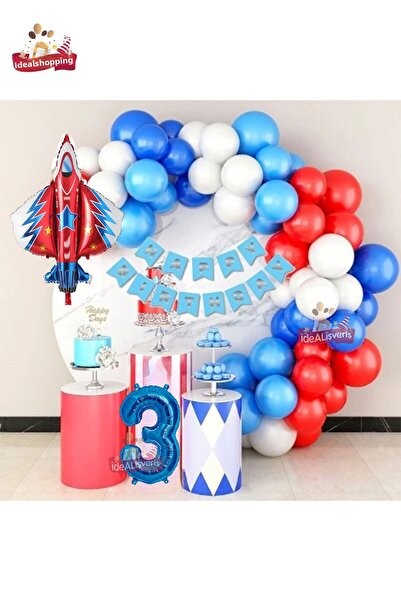 Bkmc Jet Plane Blue 3 ani Foil Roșu Alb Albastru Set de aniversare cu lanț de...