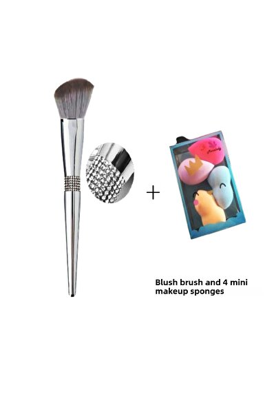 newnet مجموعة إسفنجة مكياج صغيرة مكونة من 4 قطع مع فرشاة أحمر خدود ناعمة من حجر الكريستال الرمادي