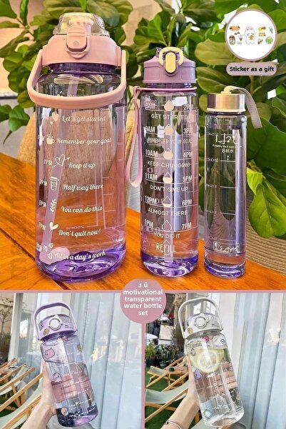 Mallame Soft Purple 3-Piece Sports Water Bottle - Portable Water Bottle with Transparent Motivational Sticker, Unscented Water Bottle and Straw