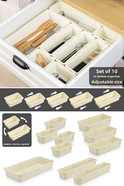 Meleni Home Set de 10 tacâmuri reglabile - Organizator modular în sertar extensibil Organizator de bucătărie Bej