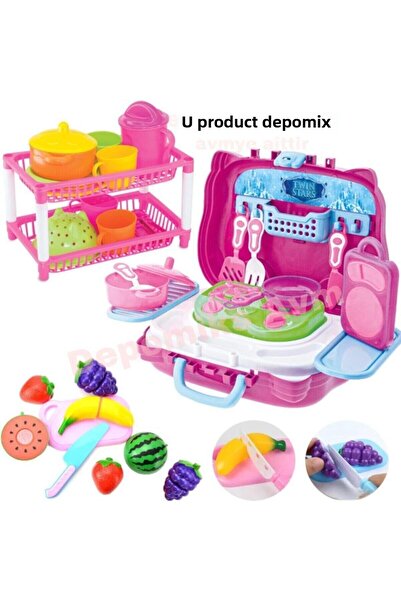Oyuncakhane مجموعة ألعاب المطبخ المحمولة - حقيبة وعربة + طبق وكوب وقطع فواكه ...