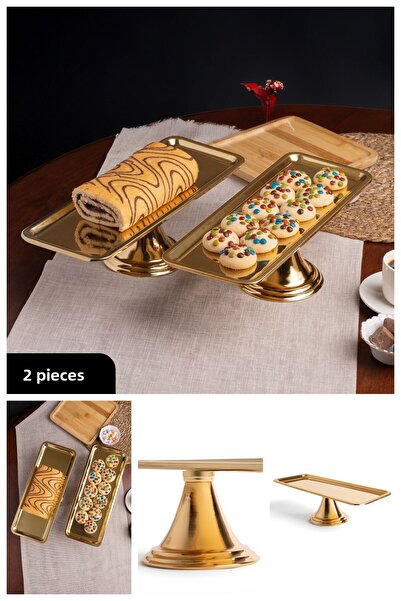 Fiyakalı Ürünler Atölyesi 2-Pack Gold Rectangular, Stylish Cake, Pastry, Cookie and Dessert Serving Presentation Stand with Pedestal