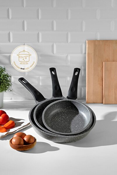 Nehir 3 Piece Gray Aluminum Casting Granite Pan Set
