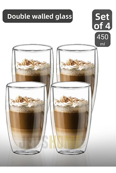 Jet's Home 450ml Set of 4 Large Latte Cappuccino Glasses - Double Walled Americano Glasses