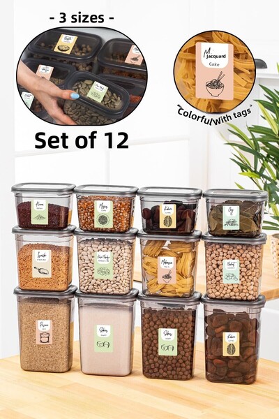 Vienev مجموعة من 12 حاوية تخزين مستطيلة بيجي مع ملصقات ملونة 4x(1500-1150-800 مل) أنثراسايت