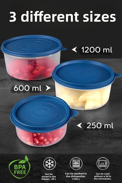 Meleni Home 9-Piece Food Storage Set - Round Container, Navy Blue, 3X250Ml, 3X600Ml, 3X1200Ml