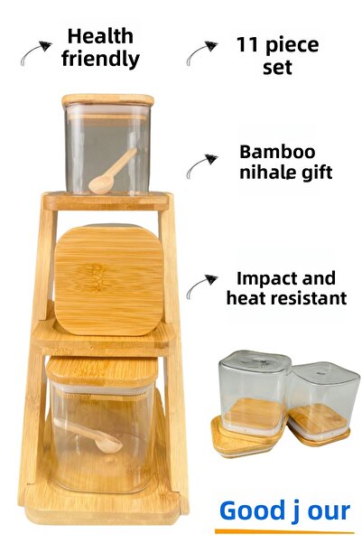 Bonjour 11 Pieces Bamboo - Trivet Borosilicate Jar with 3 Jars and Spice Bowl and Spoon Gift