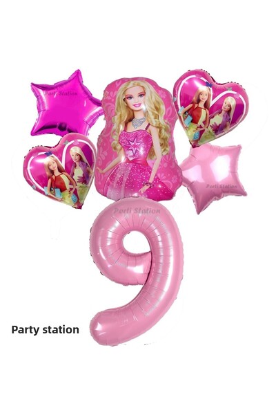Parti Station مجموعة بالونات باربي منقوشة على شكل قلب وردي لعمر 9 سنوات - مفه...