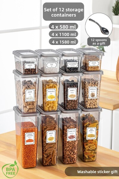 Meleni Home 12-Piece Spice Jar Storage Container Set with Label - Leak-Proof Lid, with Spoon - 4x(580 ml, 1100 ml, 1580 ml)