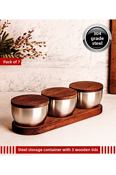 Steel & More Wooden Lid Steel Snack Bowl 7 Piece Leak Proof Storage Container 9cm