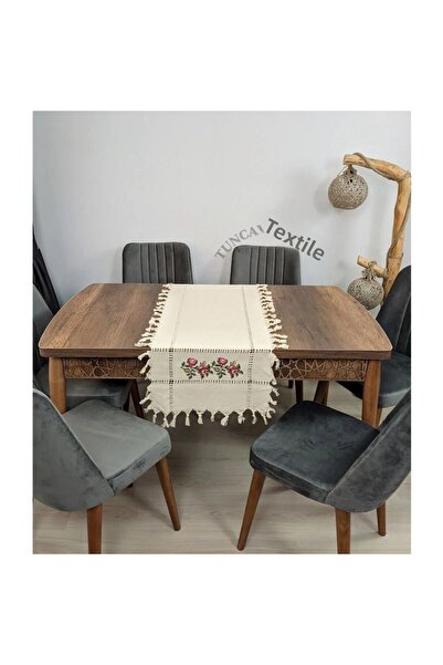 TUNCAY TEKSTİL Red Runeri Cross Stitch Needle Worker Hand Tied Canvaswork Coffee Table and Cover