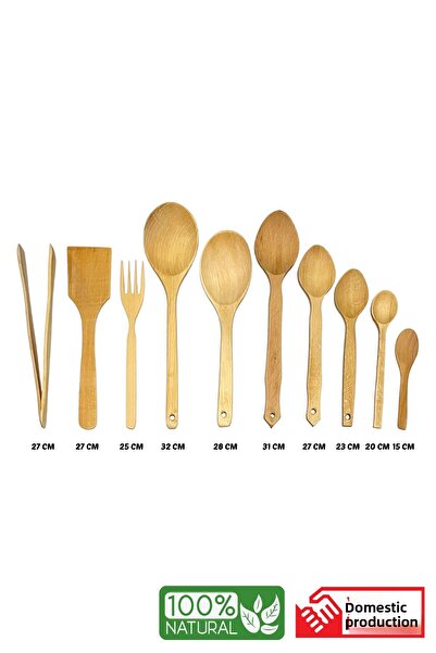 Kitchen Mania 10 Pieces Oiled Beech Wooden Spoons - Wooden Spoon Spatula Serving Ladle Tongs - Set