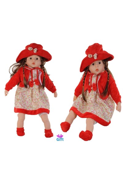 hediyecik Realistic Toy Meat Doll with Cute Red Floral Dress and Hair 60 cm