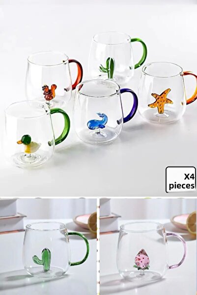 Berdina Home 350 ml Set of 4 - Figured Glass Cup and Kawaii Colored Cartoons
