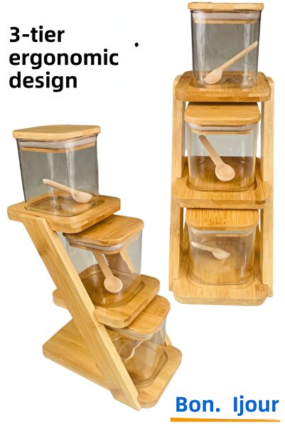 Bonjour 11 Pieces Bamboo - Trivet Borosilicate Jar with 3 Jars and Spice Bowl and Spoon Gift