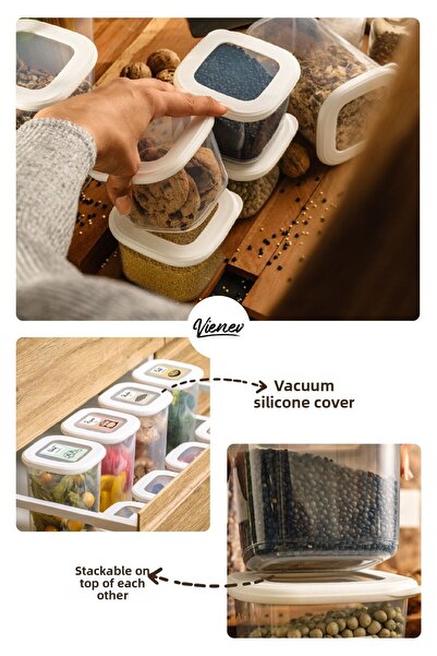 Vienev Square Food Storage Container with Colorful Label Set of 15 5x (0.55 Liters, 1.2 Liters, 1.75 Liters) White