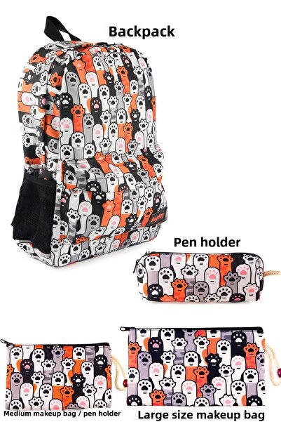 BYBAG طقم حقيبة ظهر وحقيبة مكياج مكونة من 4 قطع بنمط كلب قطة - حجم كبير