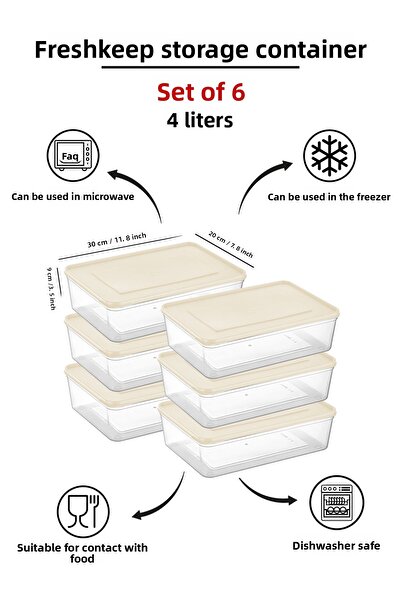 bizimevde 6-Piece Storage Container 4 Liter Deep Freezer Microwave Compatible