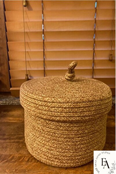 ERSU AHAT HOME DESİGN Jute Wicker Basket with Lid, Hand Woven, Multi-Purpose Basket, Bathroom and Kitchen Organizer 25x15