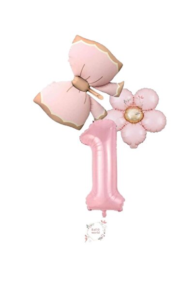 BAL10 DÜNYASI Pink Color Bow Daisy and Numeral Foil Balloon Set Для 1 Года
