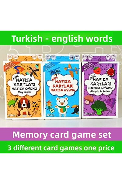 Star Oyun مجموعة من 3 بطاقات تعليمية متطابقة للحيوانات والفواكه والخضروات لعبة الذاكرة التركية الإنجليزية مونتيسوري
