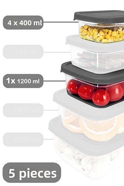 Meleni Home Set of 5 Gray Food Storage Containers - Microwavable Organizer