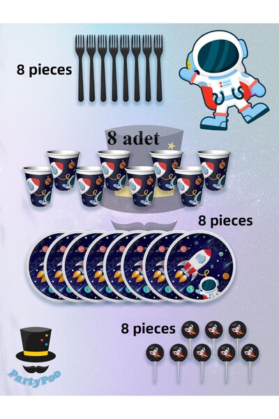 PartyPoo Set de petrecere cu tematică spațială - Eco pentru 8 persoane |   Set de petrecere cu model de rachete și stele