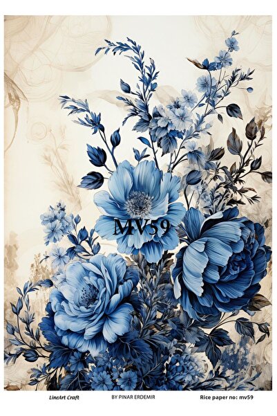 LİNEART موديل MV59 - ديكوباج نحاسي مقاس 30*42 سم، نمط زهرة زرقاء