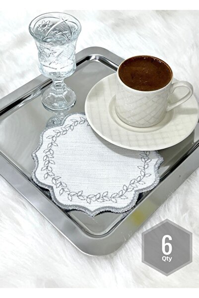 Mora Tekstil مفرش قهوة مطرز بأوراق الشجر، منديل تقديم، منديل جانبي للقهوة، منديل كوكتيل مكون من 6 قطع، مسند للزجاج