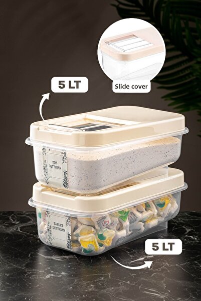 Meleni Home 5 Lt 2-Piece Tablet Detergent Storage Set with Sliding Lid - Labeled, Cream Color