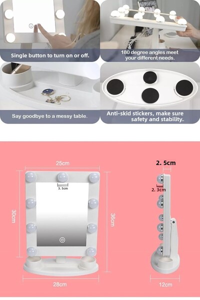 LAND OF MYTH Lom2092 - Mini Hollywood Style 9 Led Bulb, 2 Color Lighted Makeup Mirror, Touch Sensor - Black