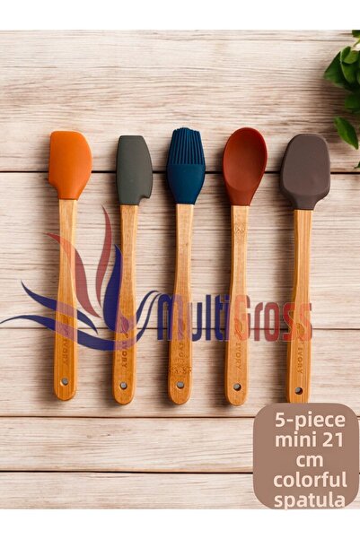 Multiamo Ivory 5 Piece Bamboo Handle Mini 21 cm Silicone Spatula Spoon Brush Set
