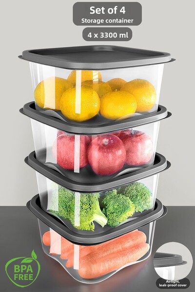Meleni Home 4 Pieces Anthracite Food Storage Container - Microwave Deep Freezer 3300ml