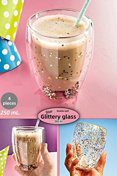 Rosemor 4-Piece Double Wall Cup Star Glitter Coffee Presentation Cocktail Cup
