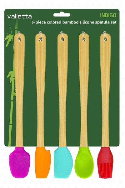 TeknoZar Heat Resistant Fireproof 5-Piece Colorful Bamboo Silicone Spatula Set 26cm