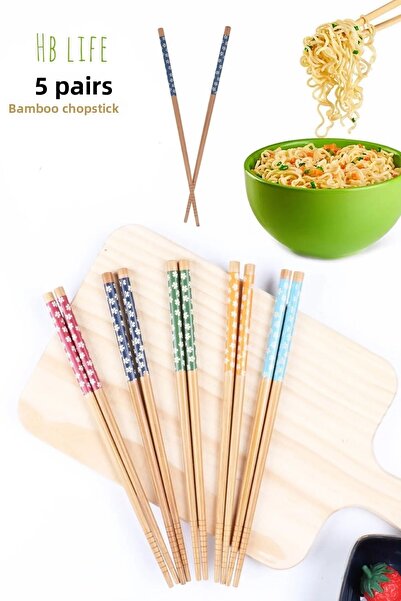 HB LİFE 5 Pairs Patterned Washable Korean Chinese Bamboo Chopsticks Chopstick...
