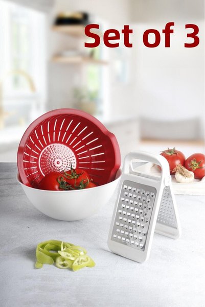 HOMENIVA Handy Red 3 Piece Meal Prep Set – Bowl, Strainer, Folding Grater
