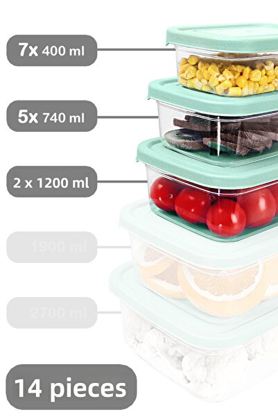 Meleni Home Set of 14 Rectangular Food Storage Containers - Microwave Suitable Organizer Organizer Food Container Green