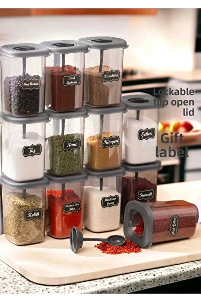 Bkmc مجموعة من 12 وعاء توابل بغطاء قابل للقفل بسعة 450 مل مع ملصقات