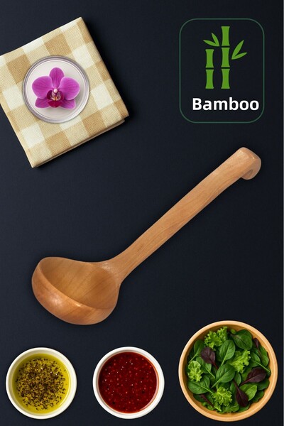 Ülgenev 1 Piece 28 cm Varnished Natural Bamboo Hooked Ladle – Hangable, Ergonomic, Non-Slip Wooden Ladle